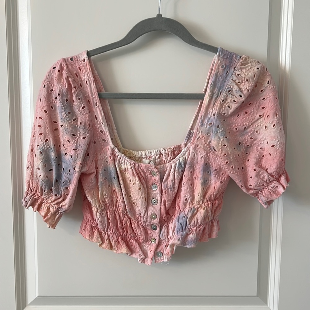 UO Pastel Tie Dye Ruffle Brooke Eyelet Blouse Size Small